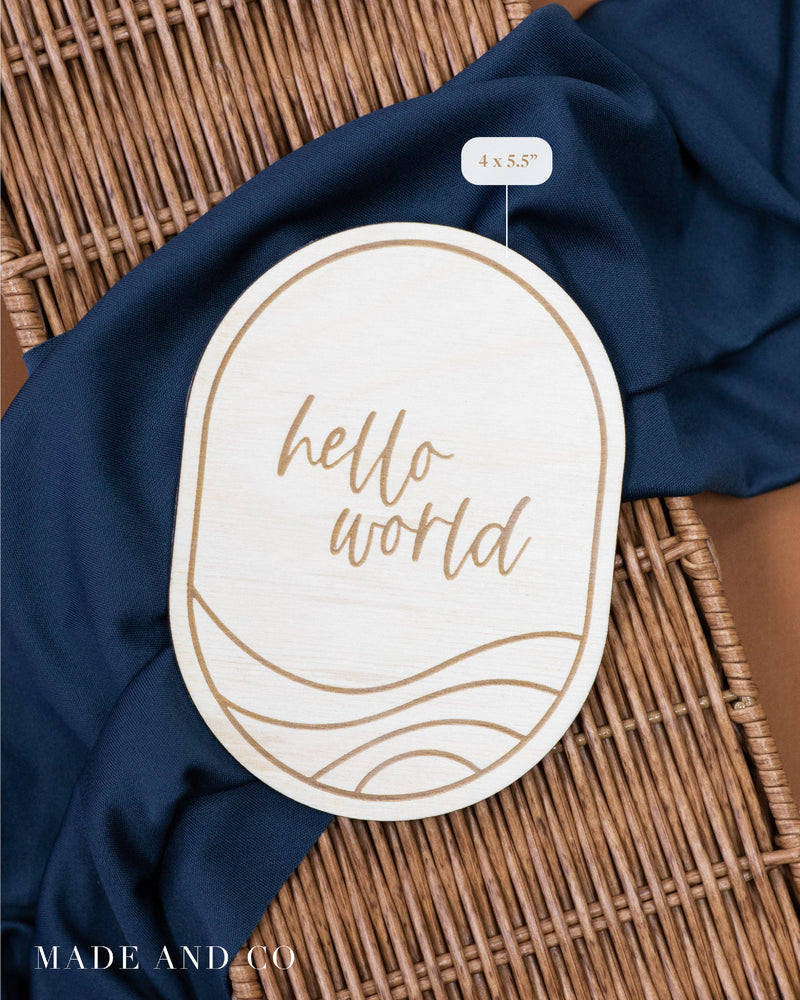 Birth Announcement 26 | Hello World Sign | Oval Wooden Tag
